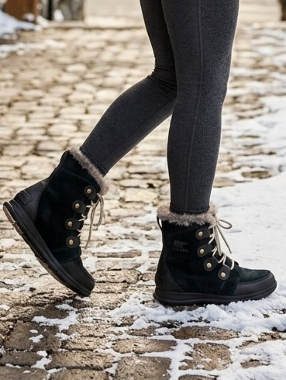 SOREL Explorer Joan Black Suede Faux Fur Waterproof Snow Boots Womens Size 8.5